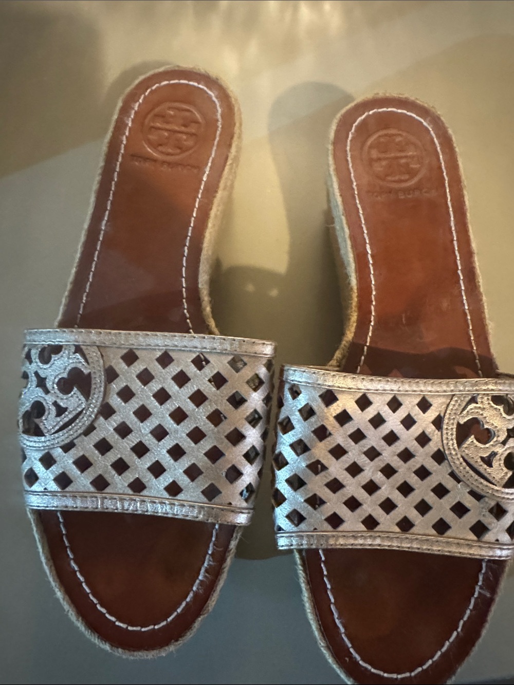 Tory Burch Metallic Silver Lattice Espadrille Platform Sandals